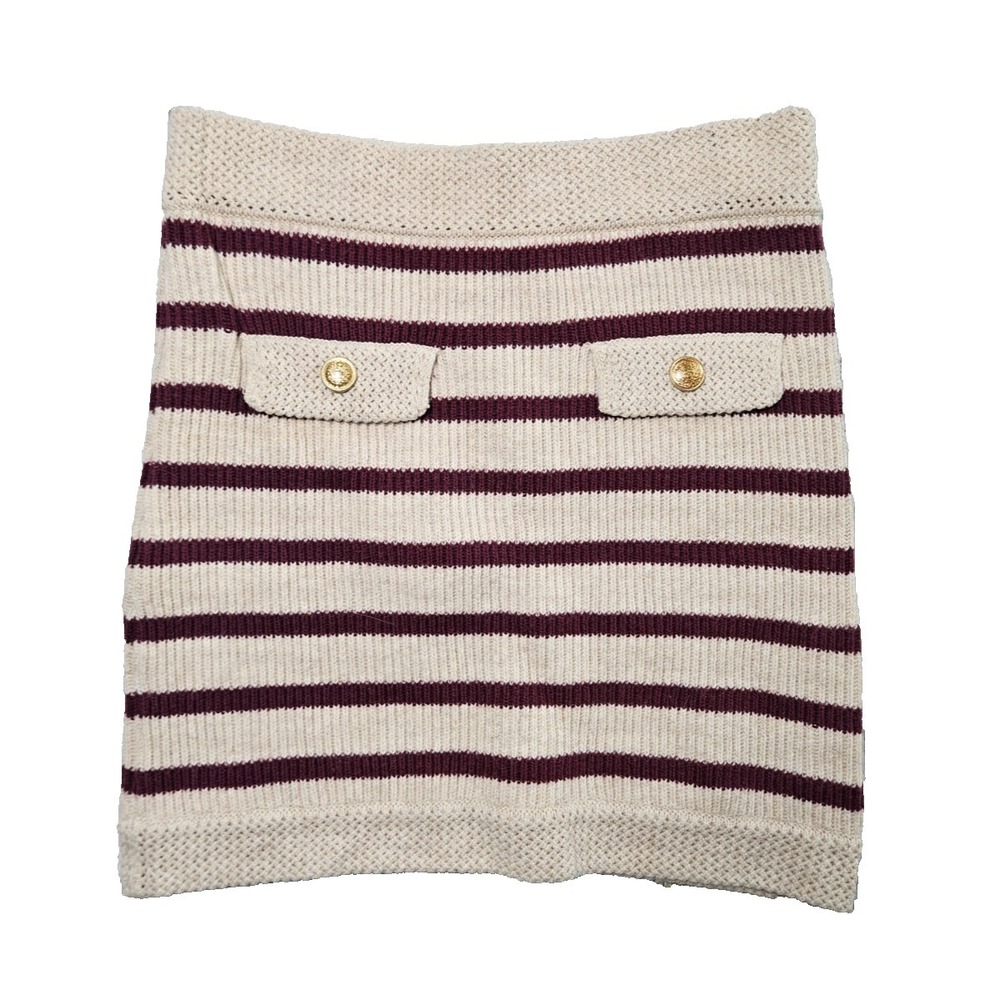 Olivaceous Striped Knit Skirt Womens Medium Beige Burgundy Merino Wool Blend